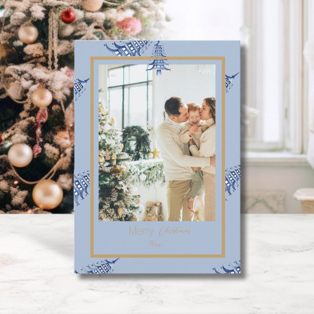 Chinoiserie Christmas Dusty Blue Pagoda 2-Photo  Holiday Card (Chinoiserie Christmas Dusty Blue Pagoda 2-Photo Holiday Card)