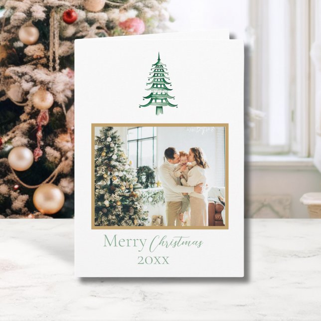 Chinoiserie Christmas  Green Pagoda 1-Photo Card (Chinoiserie Christmas Green Pagoda 1-Photo Card)