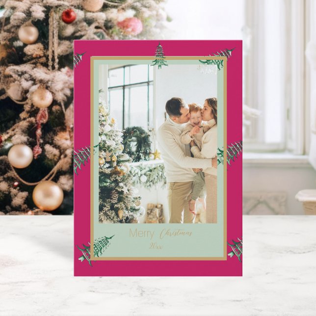 Chinoiserie Christmas   Green red  Pagoda 2-Photo  Holiday Card (Chinoiserie Christmas Green red Pagoda 2-Photo Holiday Card)