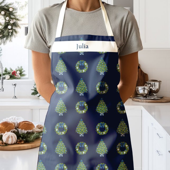 Chinoiserie Christmas Navy Blue  Apron (Chinoiserie Christmas Apron Navy Blue)