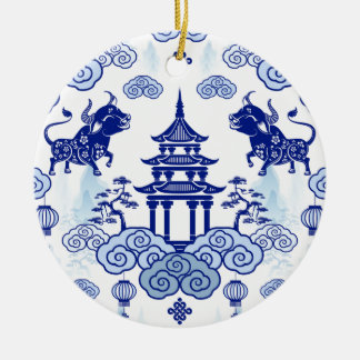 Chinoiserie Christmas Ornament Bull & Pagoda