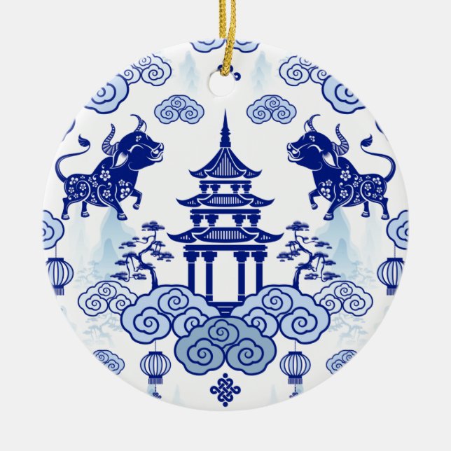 Chinoiserie Christmas Ornament Bull & Pagoda (Front)