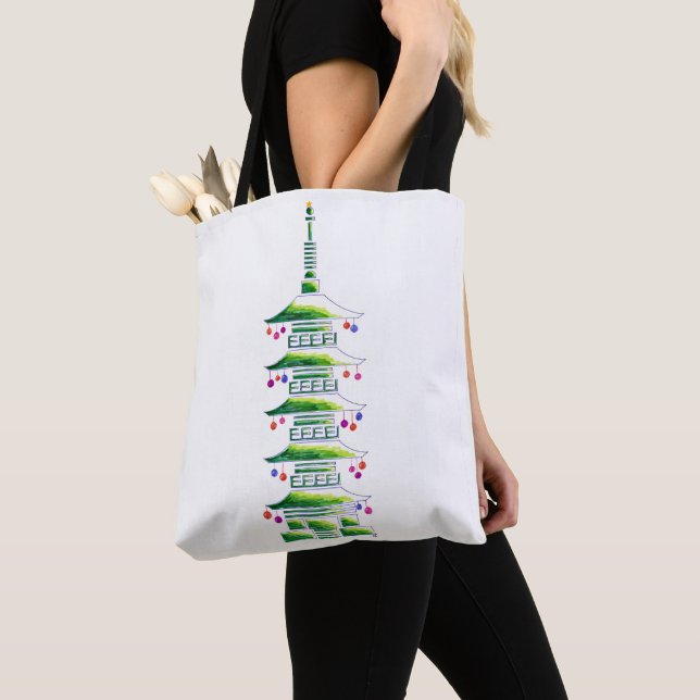 Chinoiserie Christmas Pagoda Tote Bag (Close Up)