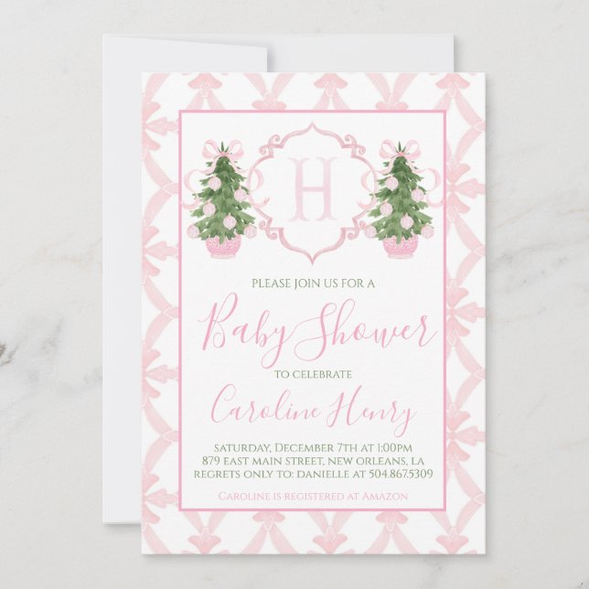 Chinoiserie Christmas Pink Preppy Baby Shower Invitation (Front)