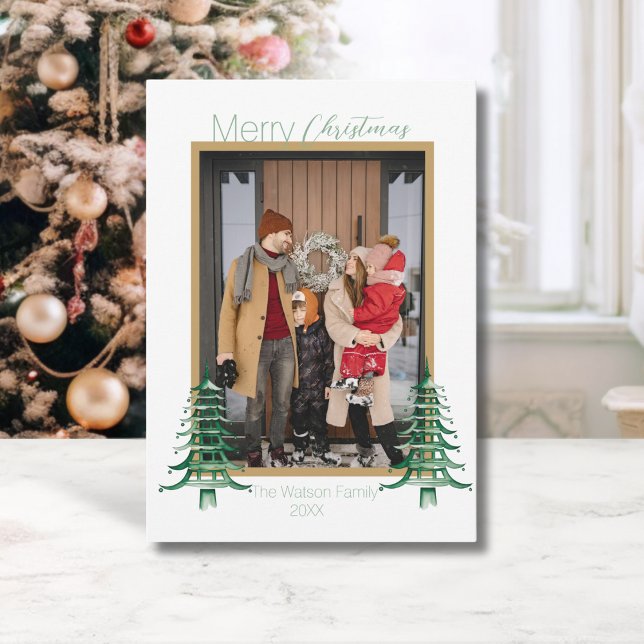 Chinoiserie Christmas Sage Green Pagoda 1-Photo  Holiday Card (Chinoiserie Christmas Sage Green Pagoda 1-Photo Holiday Card)