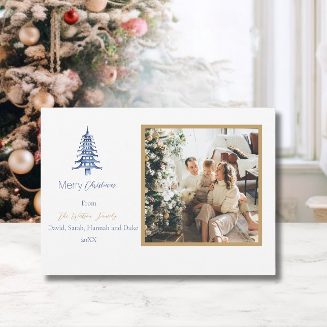 Chinoiserie Christmas Simple Blue Pagoda 2-Photo  Holiday Card (Chinoiserie Christmas Simple Blue Pagoda 2-Photo Holiday Card)