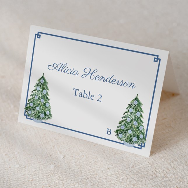 Chinoiserie Christmas Tree Individual Place Card (Chinoiserie holidays tree with navy blue greek key border and print individual christmas place cards)