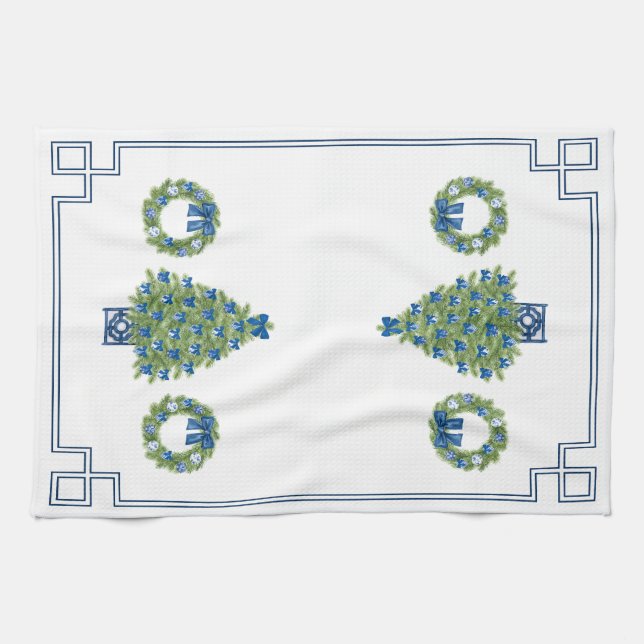 Chinoiserie Christmas Tree Mirror Image  Tea Towel (Horizontal)