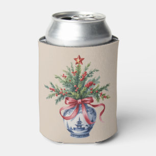 Chinoiserie Christmas Tree Red Bow Vase Vintage  Can Cooler