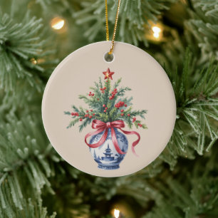 Chinoiserie Christmas Tree Red Bow Vase Vintage Ceramic Ornament