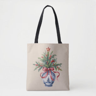 Chinoiserie Christmas Tree Red Bow Vase Vintage Tote Bag