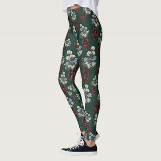 Chinoiserie Chrysathemums Vases Forest Green  Leggings