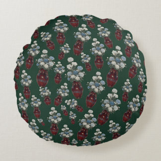 Chinoiserie Chrysathemums Vases Forest Green  Round Cushion