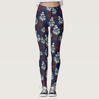 Chinoiserie Chrysathemums Vases Navy Blue Leggings