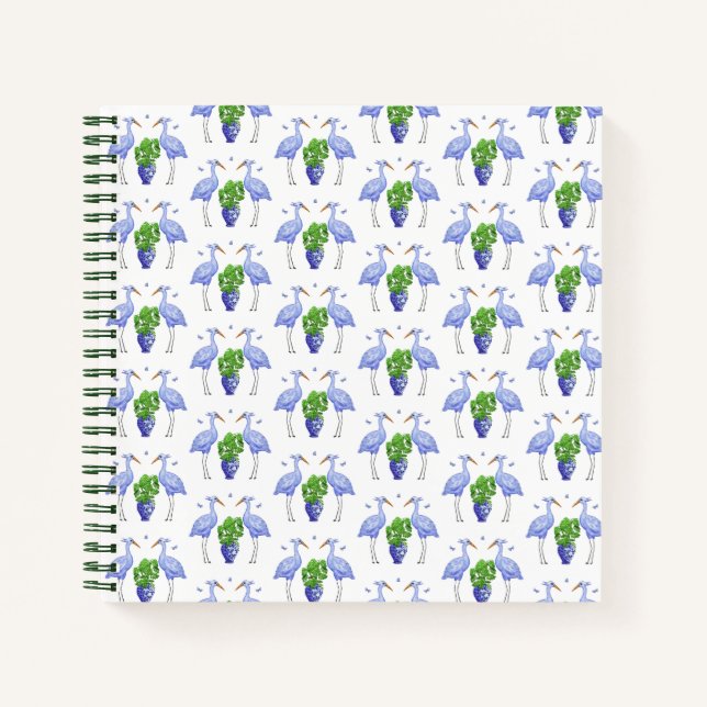 Chinoiserie Crane and Monstera Spiral Notebook  (Front)