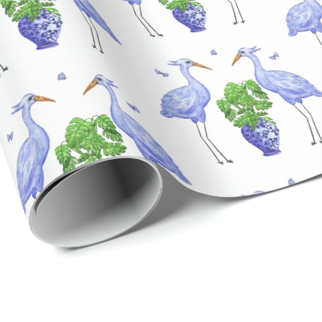 Chinoiserie Crane and Monstera Wrapping Paper (Roll Corner)