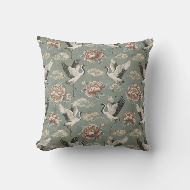 Chinoiserie Crane and Peony Floral Design Cushion (Front)