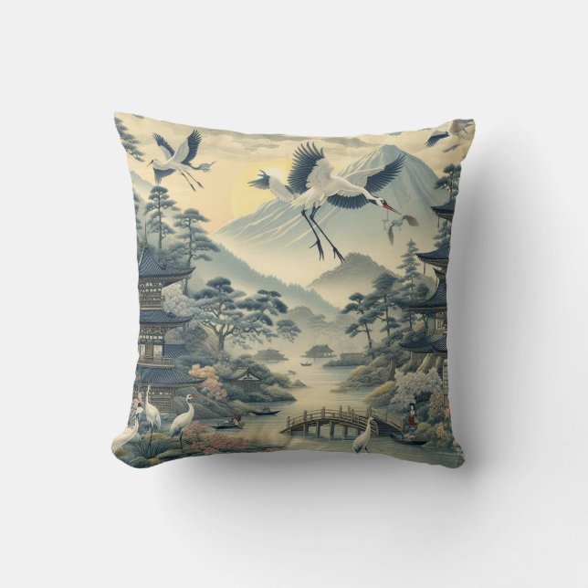 Chinoiserie Crane Bird Pagoda Scenery Pattern Cushion (Front)