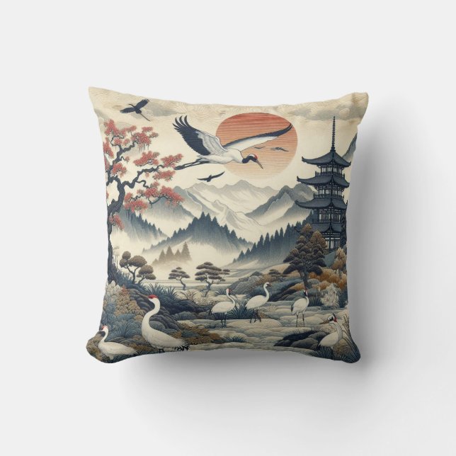 Chinoiserie Crane Bird Scenery Pattern Cushion (Front)