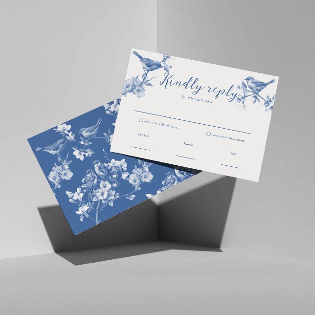 Chinoiserie Delft Blue Birds Spring Reply card (Creator Uploaded)