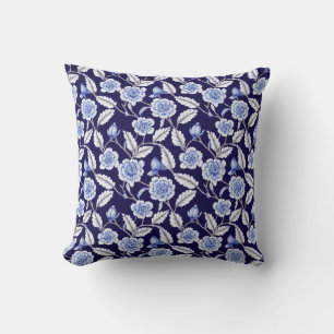 Chinoiserie Delft Blue Floral Porcelain Pattern Cushion