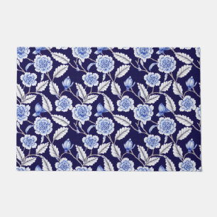 Chinoiserie Delft Blue Floral Porcelain Pattern Doormat