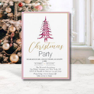 Chinoiserie Dusty Pink and Red Pagoda Christmas Invitation