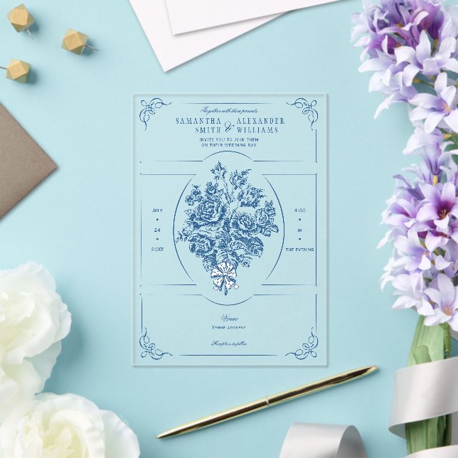 Chinoiserie Elegant Blue Bouquet Victorian Wedding Acrylic Invitations (Insitu (Wedding))