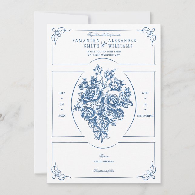 Chinoiserie Elegant Blue Bouquet Victorian Wedding Invitation (Front)