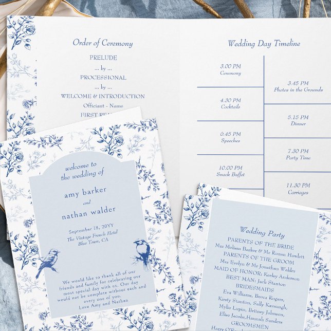 Chinoiserie Elegant Blue Floral Wedding Program (Folded Wedding Program - 4 sides, from Chinoiserie Wedding Collection by Darling & May)