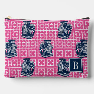 Chinoiserie Elephant on Bamboo - Hot Pink & Navy Accessory Pouch