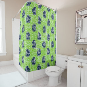 Chinoiserie Elephant on Bamboo - Navy & Lime Shower Curtain