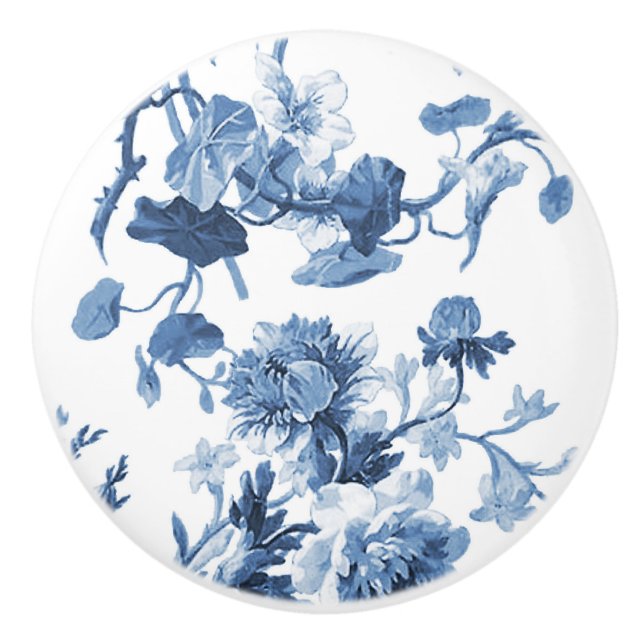 Chinoiserie English Rose Floral Delft Blue White  Ceramic Knob (Front)