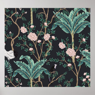 Chinoiserie Exotic Birds: Vintage Banana Tree Wall Poster