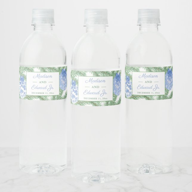 Chinoiserie Fir Tree Blue White Wedding Shower Water Bottle Label (Bottles)