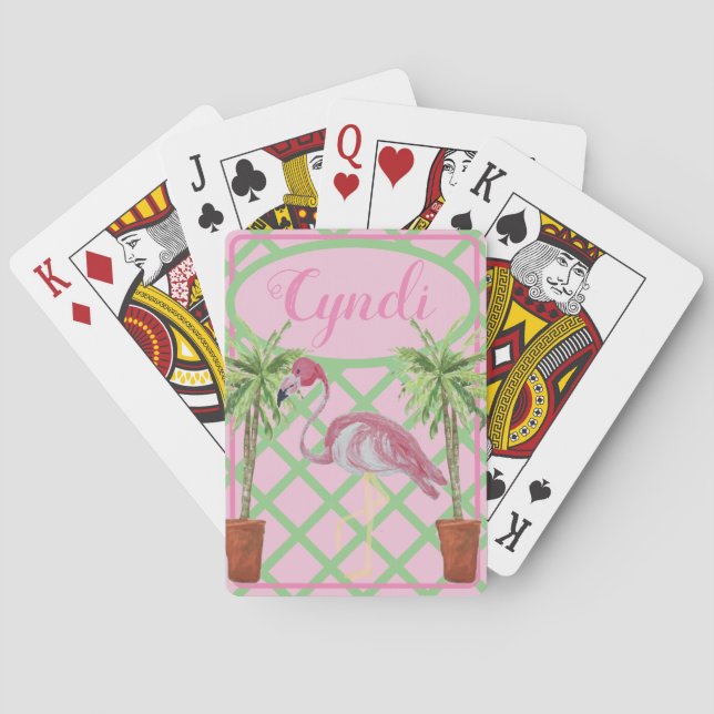 Chinoiserie Flamingo Palm Ginger Jar Jars Green Playing Cards (Back)