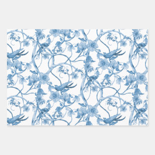 Chinoiserie Floral Bird Dusty Blue White Decoupage Wrapping Paper Sheet