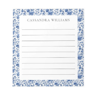 Chinoiserie Floral Blue Personalised Name Lined Notepad