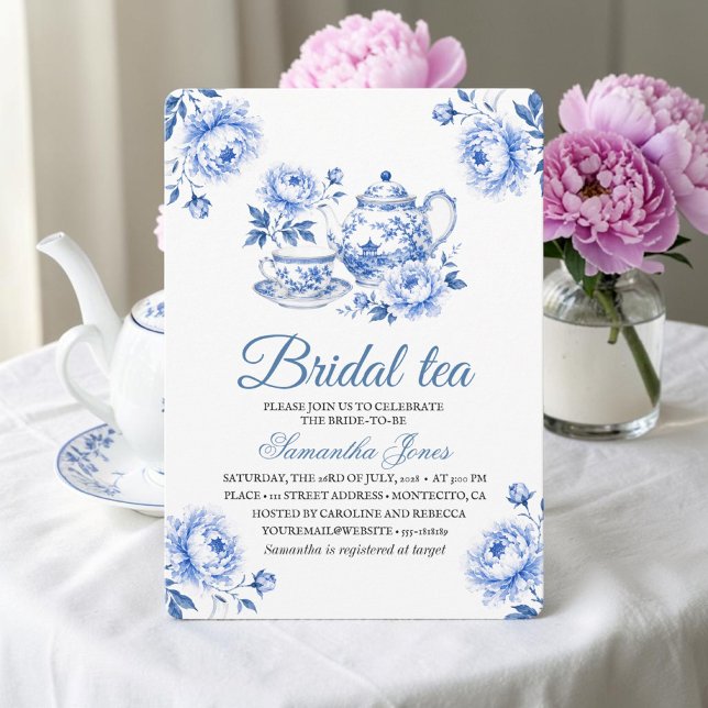 Chinoiserie Floral Blue Tea Pot Bridal Shower  Invitation (Creator Uploaded)