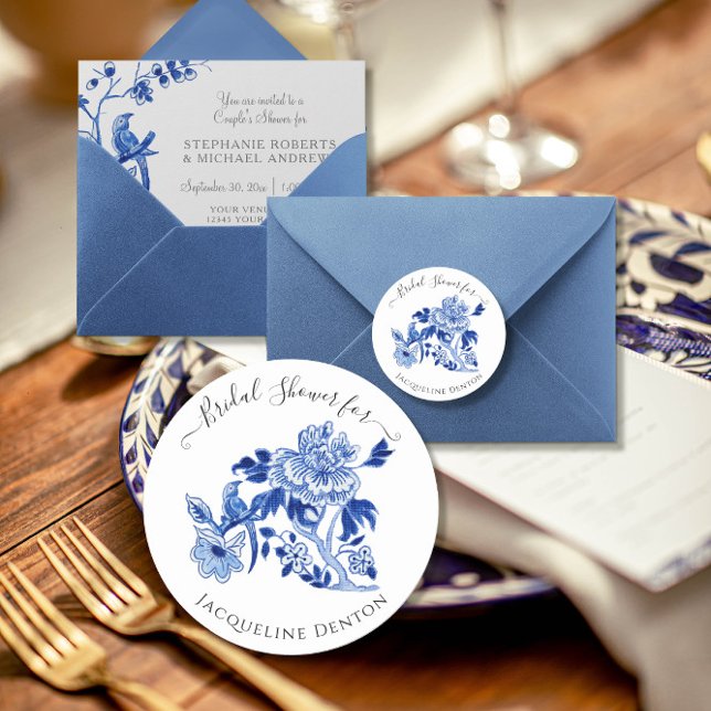 Chinoiserie Floral Blue White Bird Bridal Shower Classic Round Sticker (Creator Uploaded)
