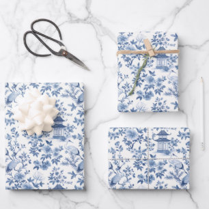 Chinoiserie Floral Crane Blue Wrapping Paper Sheet