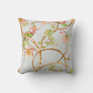 Chinoiserie Floral Dusty Blue Pink Peony Bird Tree Cushion