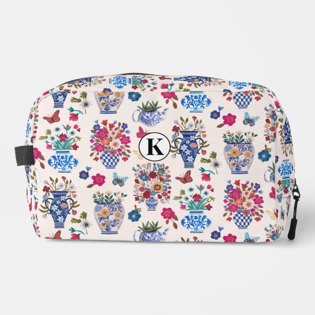 Chinoiserie Floral Monogram Cosmetic Makeup  Dopp Kit (Front)