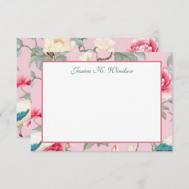 Chinoiserie Floral Pink Egret Personalised Thank You Card (Front/Back)