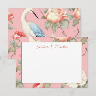 Chinoiserie Floral Pink Egret Personalised Thank You Card