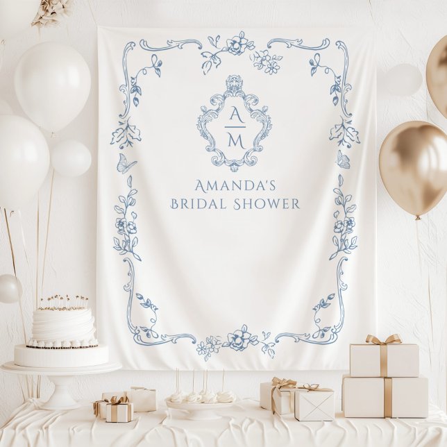 Chinoiserie floral Toile crest Bridal shower Tapestry (Creator Uploaded)