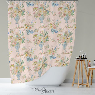 Chinoiserie Floral Vase Blush Pink Peony Bath Shower Curtain