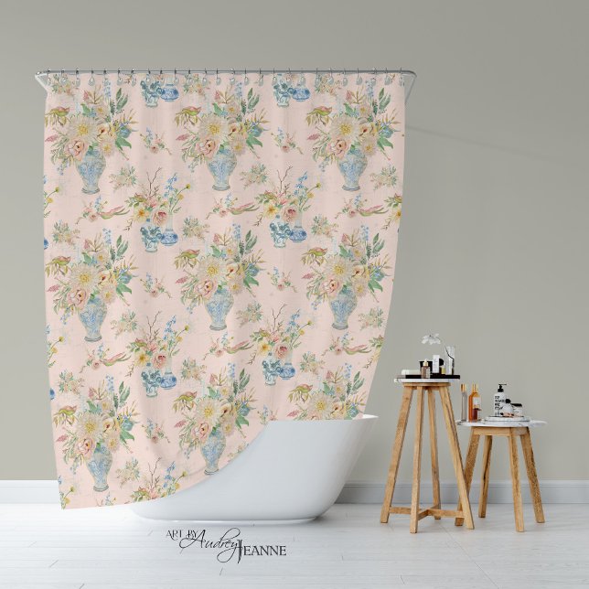 Chinoiserie Floral Vase Blush Pink Peony Bath Shower Curtain (Creator Uploaded)