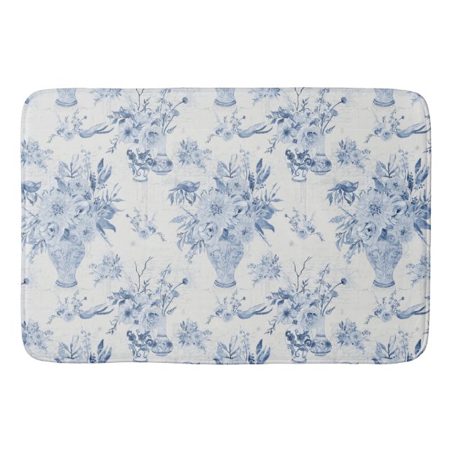 Chinoiserie Floral Vase Peony Blue White Bath Bath Mat (Front)