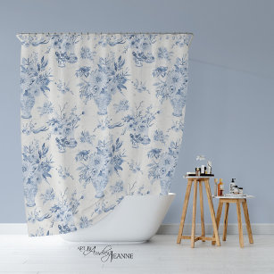 Chinoiserie Floral Vase Peony Blue White Bath Shower Curtain